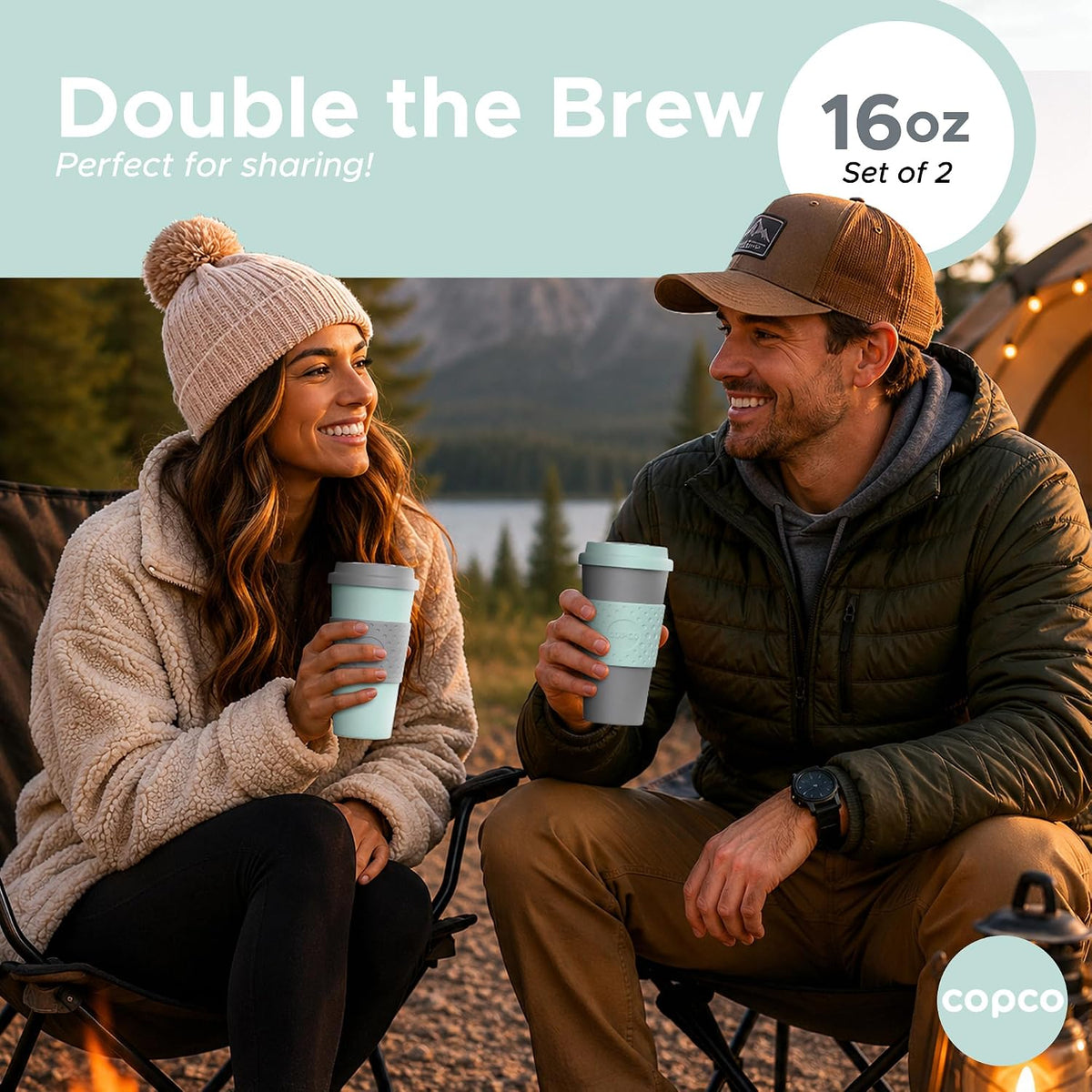 Acadia Travel Mug with Lid, 16 Oz - Aqua & Gray, Set of 2