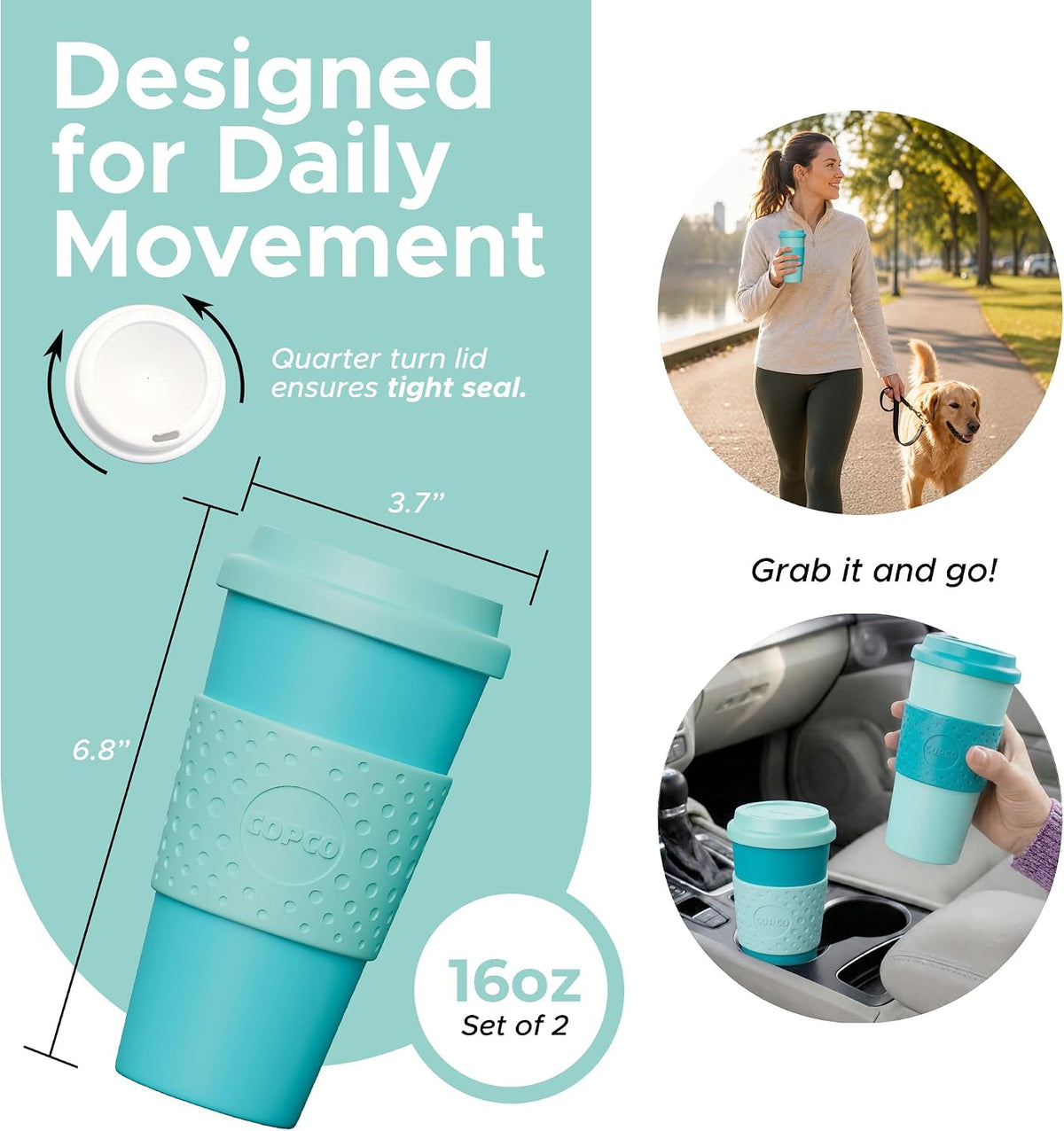 Acadia Travel Mug with Lid, 16 Oz - Aqua & Gray, Set of 2