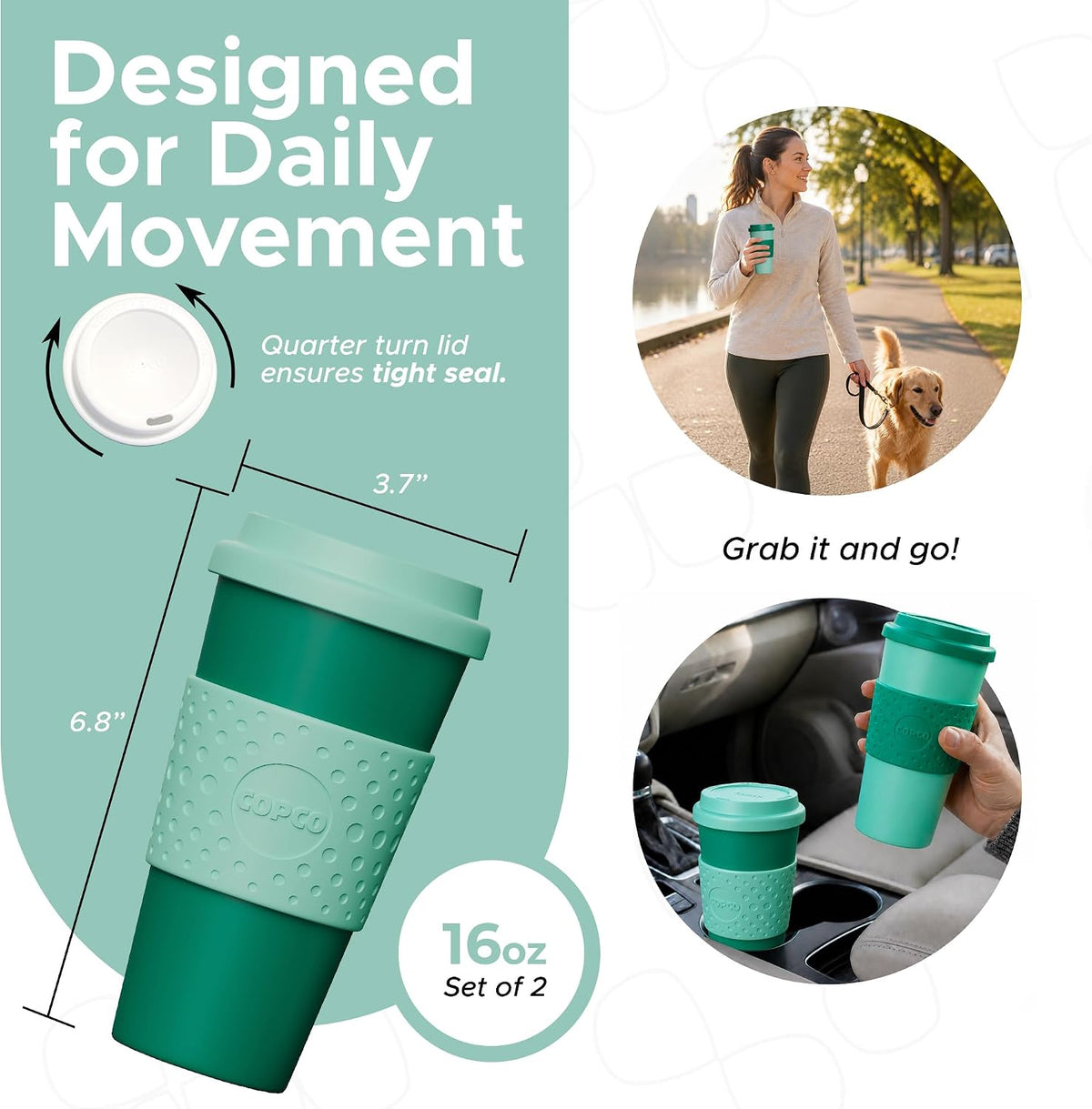 Acadia Travel Mug with Lid, 16 Oz - Aqua & Gray, Set of 2