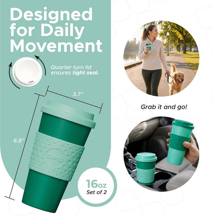 Acadia Travel Mug with Lid, 16 Oz - Aqua & Gray, Set of 2