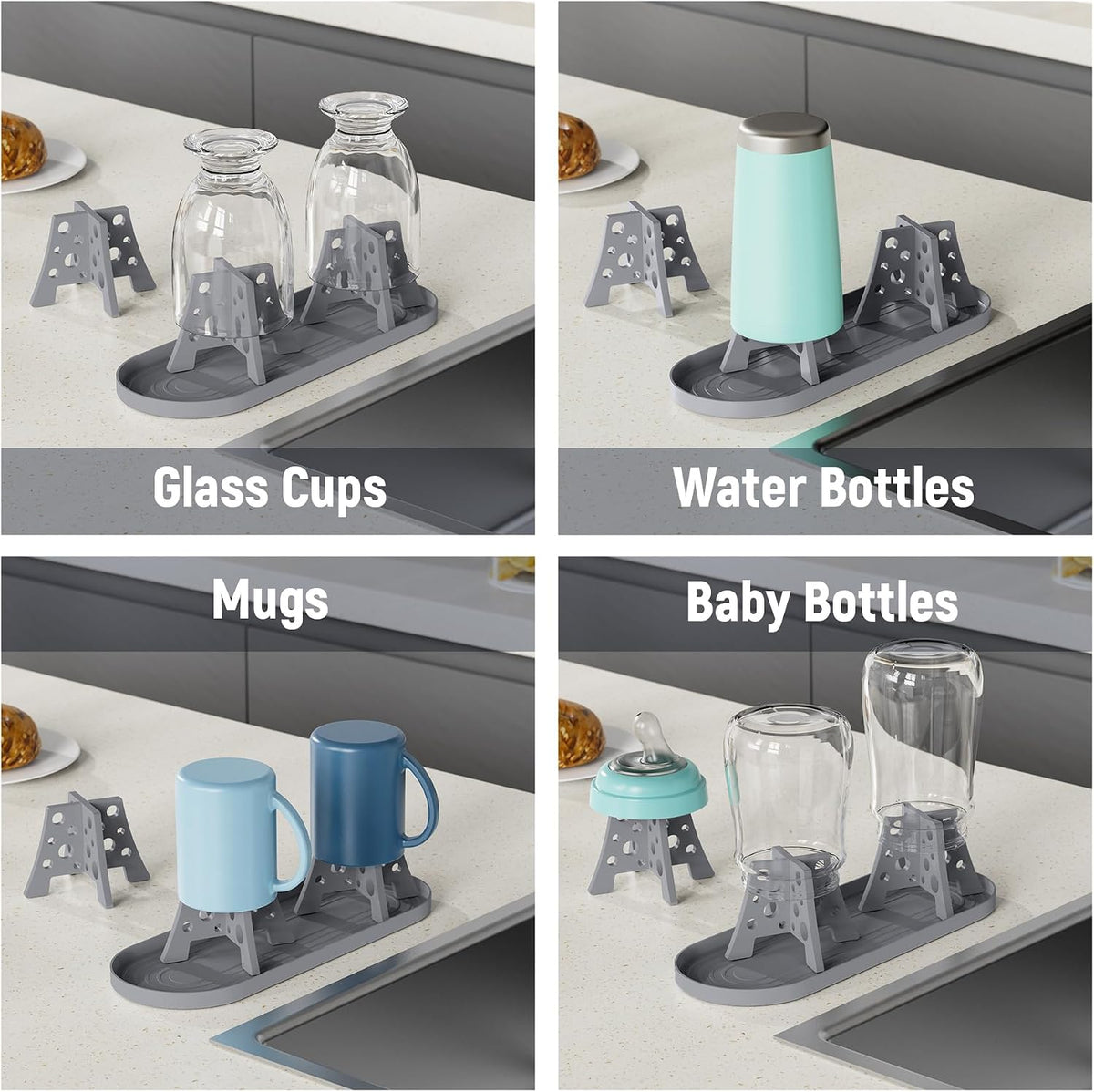 Silicone Water Bottle Drying Racks Set of 3 with Drip Tray,Cheese Style for Faster Drying,Bottle Dryer Racks Fit for Stanley YETI Cups Owala Sports Bottle Baby Bottle Thermoses Mugs