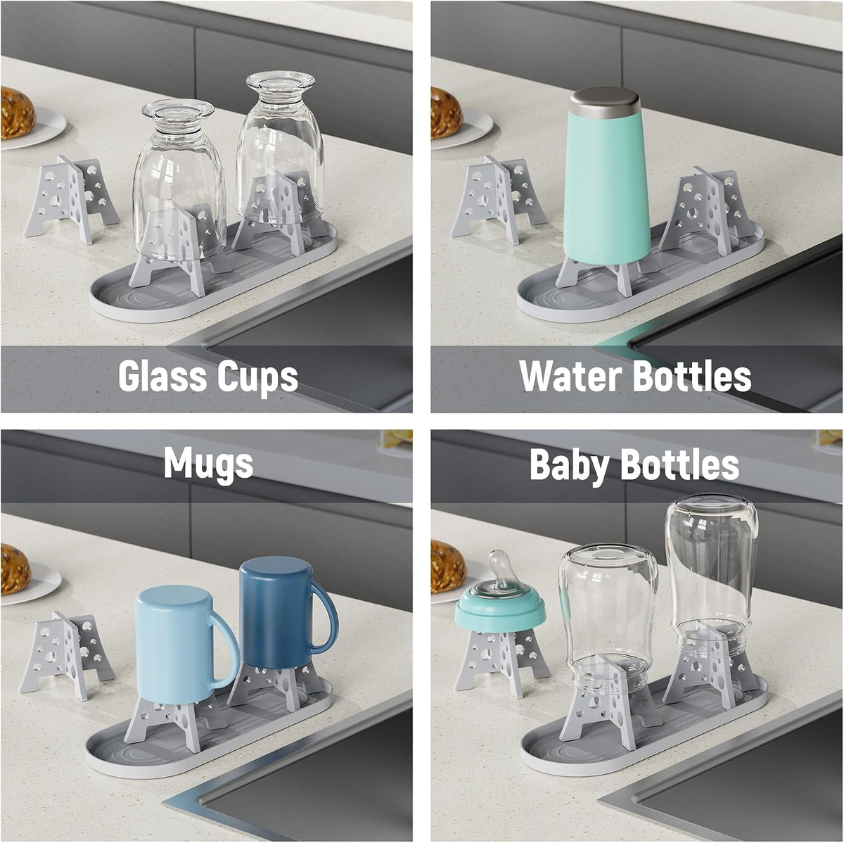 Silicone Water Bottle Drying Racks Set of 3 with Drip Tray,Cheese Style for Faster Drying,Bottle Dryer Racks Fit for Stanley YETI Cups Owala Sports Bottle Baby Bottle Thermoses Mugs