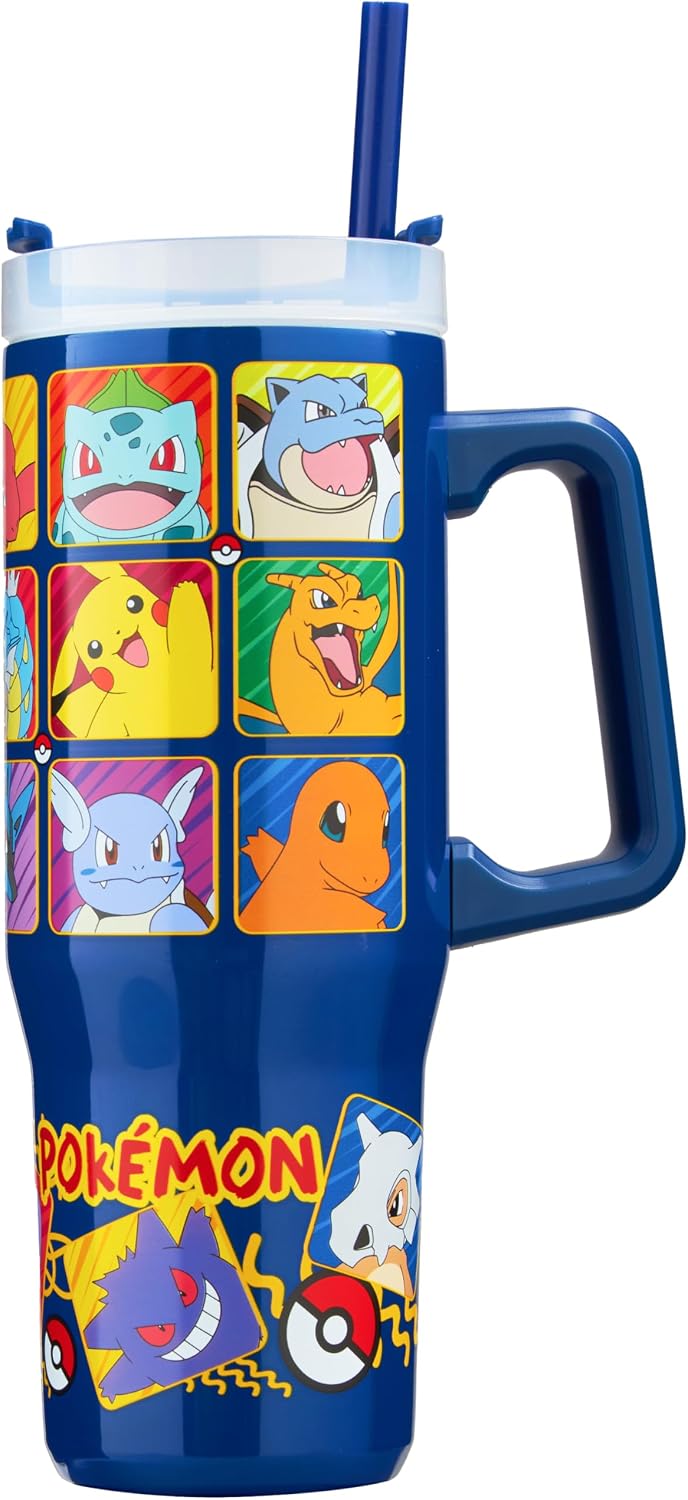 Pokemon Tumbler with Handle and Straw 32 oz, Keeps Hot 8 Hrs, Cold 12H & Ice 42H, BPA-Free Insulated Stainless Steel Water Bottle, Travel Mug, Gamer Gifts (Multi Pokemon)