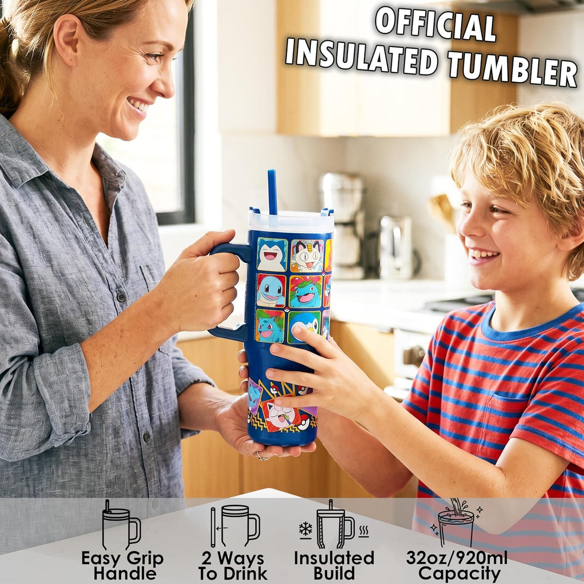 Pokemon Tumbler with Handle and Straw 32 oz, Keeps Hot 8 Hrs, Cold 12H & Ice 42H, BPA-Free Insulated Stainless Steel Water Bottle, Travel Mug, Gamer Gifts (Multi Pokemon)