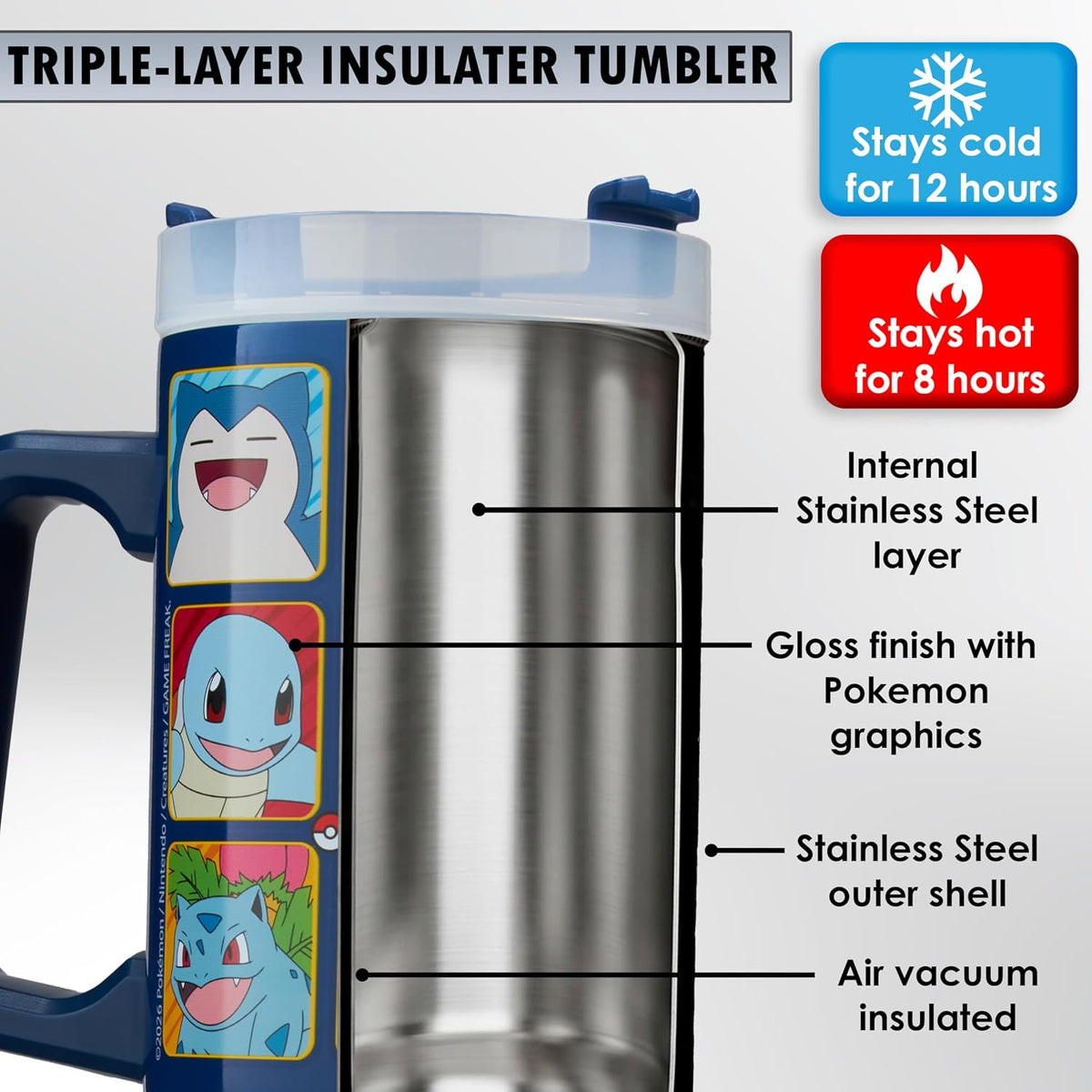 Pokemon Tumbler with Handle and Straw 32 oz, Keeps Hot 8 Hrs, Cold 12H & Ice 42H, BPA-Free Insulated Stainless Steel Water Bottle, Travel Mug, Gamer Gifts (Multi Pokemon)