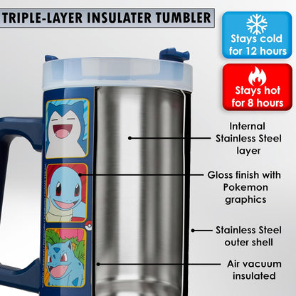 Pokemon Tumbler with Handle and Straw 32 oz, Keeps Hot 8 Hrs, Cold 12H & Ice 42H, BPA-Free Insulated Stainless Steel Water Bottle, Travel Mug, Gamer Gifts (Multi Pokemon)