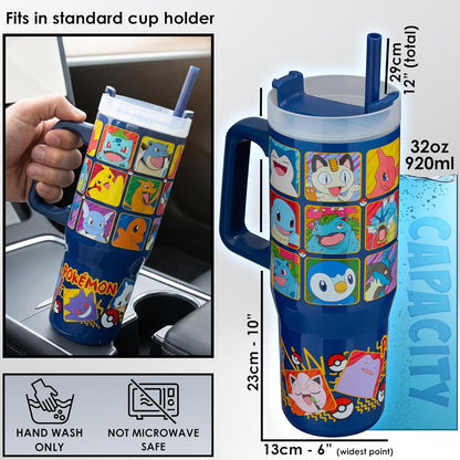 Pokemon Tumbler with Handle and Straw 32 oz, Keeps Hot 8 Hrs, Cold 12H & Ice 42H, BPA-Free Insulated Stainless Steel Water Bottle, Travel Mug, Gamer Gifts (Multi Pokemon)