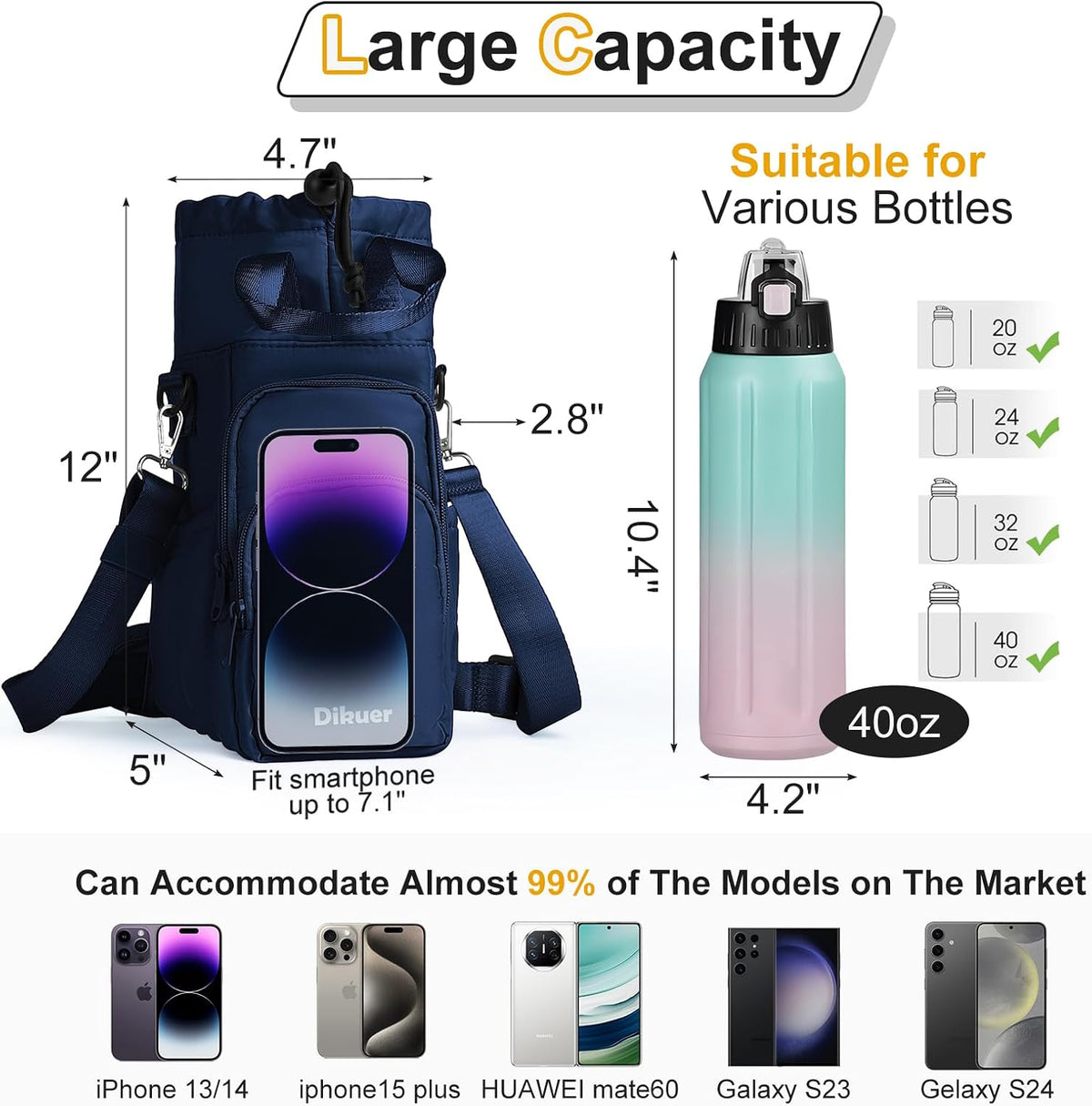 32-40 oz Crossbody Water Bottle Carrier Bag with Phone Pocket, Black