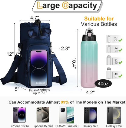 32-40 oz Crossbody Water Bottle Carrier Bag with Phone Pocket, Black