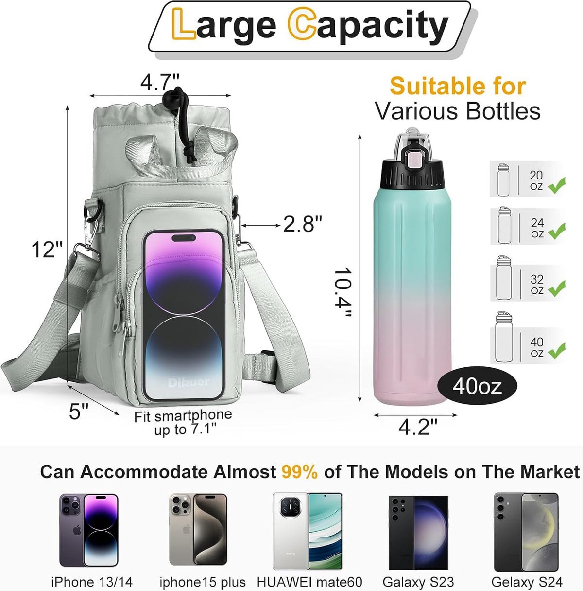32-40 oz Crossbody Water Bottle Carrier Bag with Phone Pocket, Black