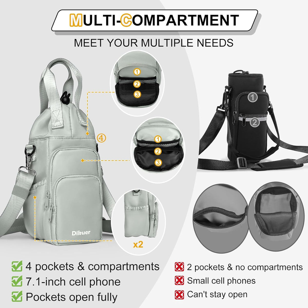 32-40 oz Crossbody Water Bottle Carrier Bag with Phone Pocket, Black