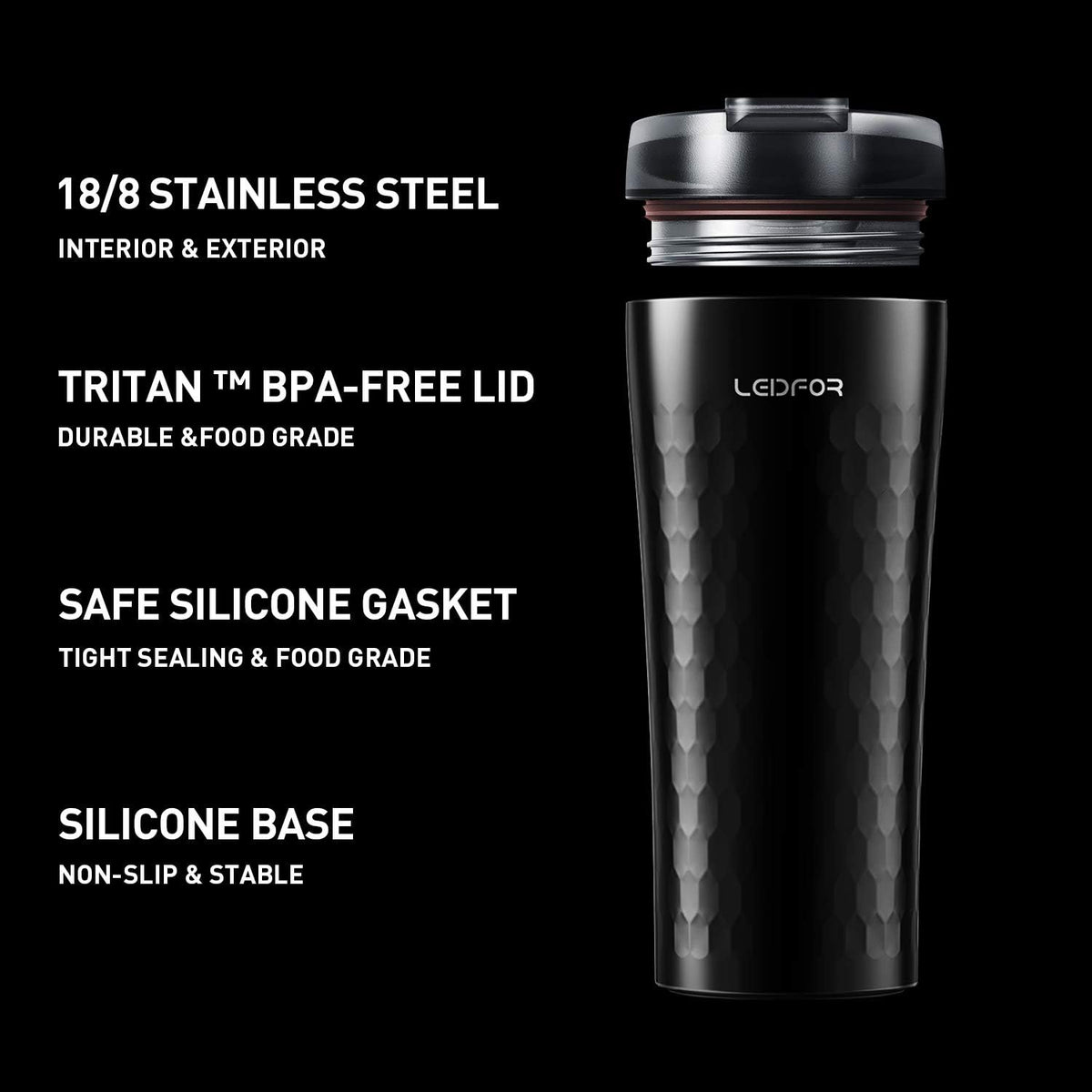 Coffee Travel Mug Tumbler Thermal Cup Vacuum Insulated Stainless Steel Leakproof Lid Keep Hot Cold 16-Ounce Black