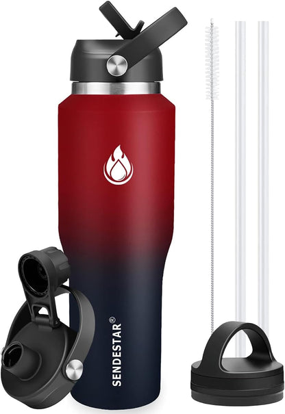 40oz Water Bottle Wide Mouth Stainless Steel Vacuum Insulated Double Wall with 2 Straw Lids Fit in Any Car Cup Holder
