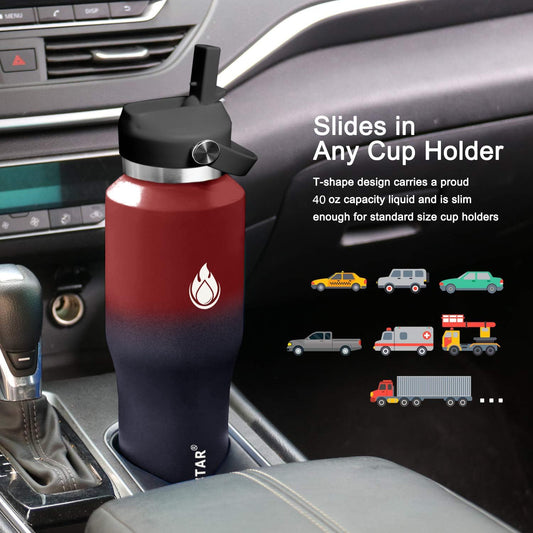 40oz Water Bottle Wide Mouth Stainless Steel Vacuum Insulated Double Wall with 2 Straw Lids Fit in Any Car Cup Holder