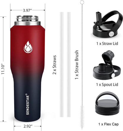 40oz Water Bottle Wide Mouth Stainless Steel Vacuum Insulated Double Wall with 2 Straw Lids Fit in Any Car Cup Holder