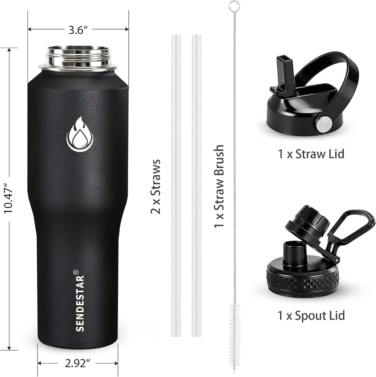 40oz Water Bottle Wide Mouth Stainless Steel Vacuum Insulated Double Wall with 2 Straw Lids Fit in Any Car Cup Holder