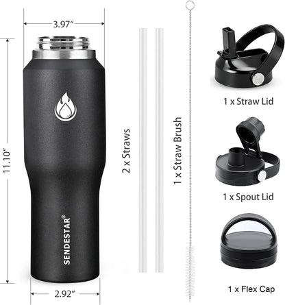 40oz Water Bottle Wide Mouth Stainless Steel Vacuum Insulated Double Wall with 2 Straw Lids Fit in Any Car Cup Holder