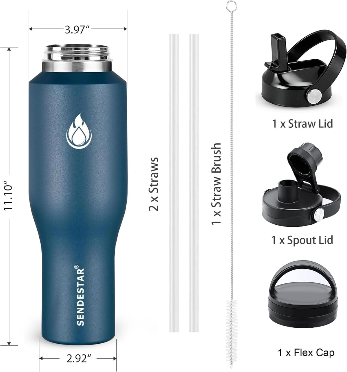40oz Water Bottle Wide Mouth Stainless Steel Vacuum Insulated Double Wall with 2 Straw Lids Fit in Any Car Cup Holder