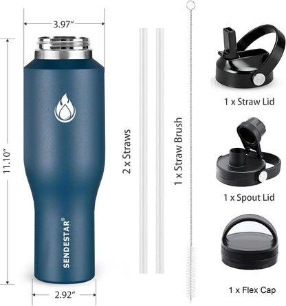 40oz Water Bottle Wide Mouth Stainless Steel Vacuum Insulated Double Wall with 2 Straw Lids Fit in Any Car Cup Holder