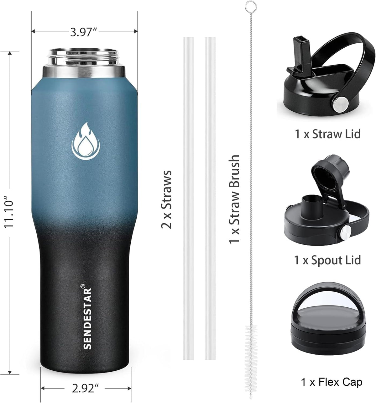 40oz Water Bottle Wide Mouth Stainless Steel Vacuum Insulated Double Wall with 2 Straw Lids Fit in Any Car Cup Holder