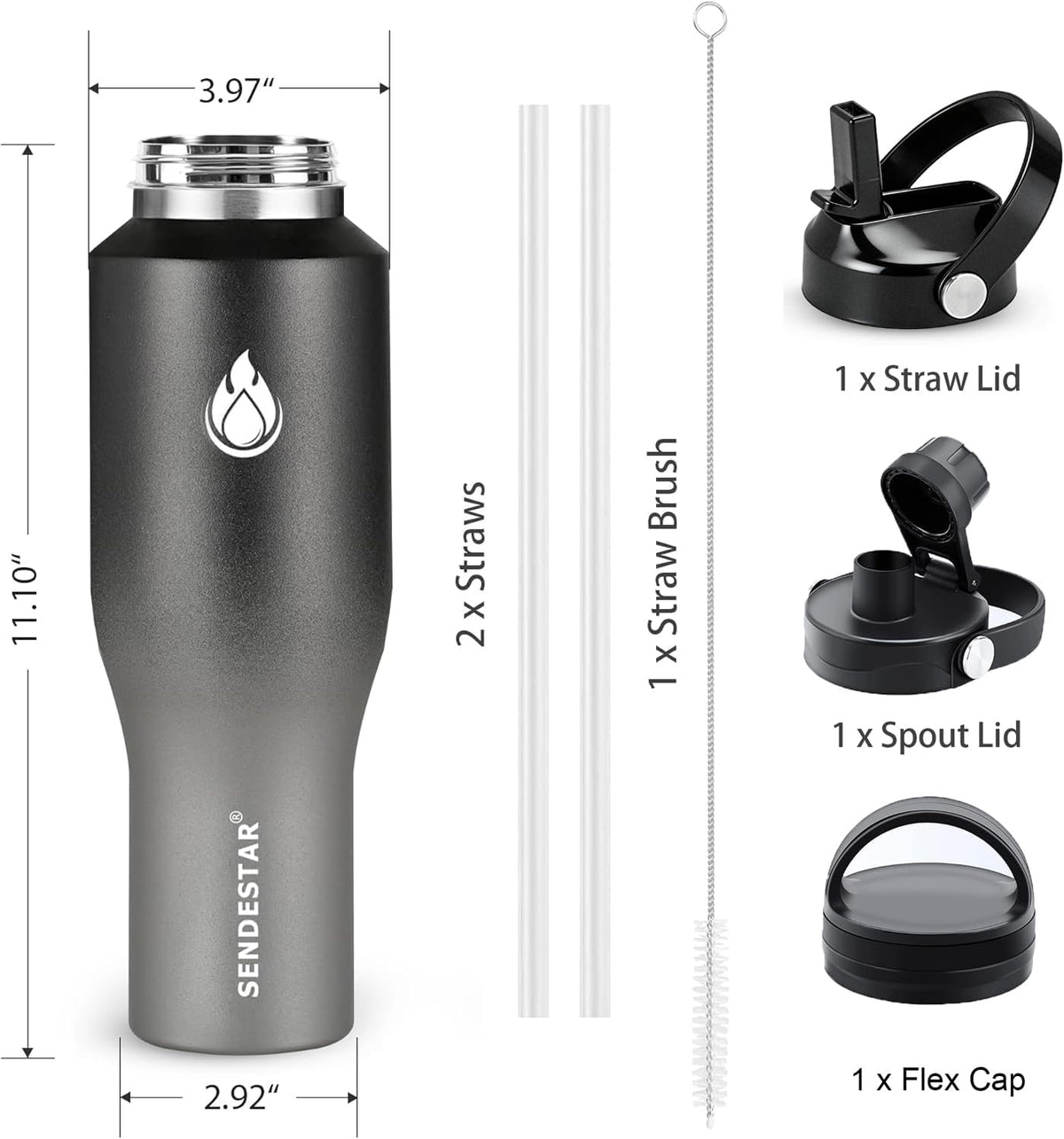 40oz Water Bottle Wide Mouth Stainless Steel Vacuum Insulated Double Wall with 2 Straw Lids Fit in Any Car Cup Holder