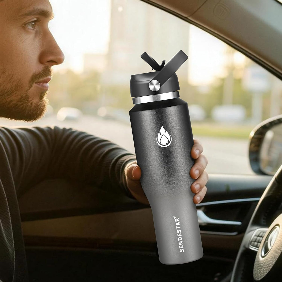 40oz Water Bottle Wide Mouth Stainless Steel Vacuum Insulated Double Wall with 2 Straw Lids Fit in Any Car Cup Holder