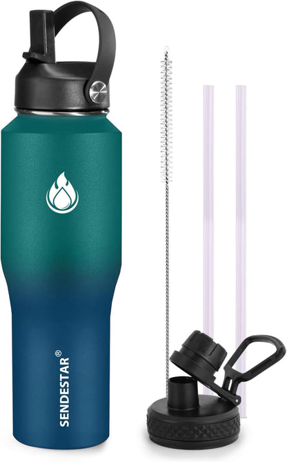 40oz Water Bottle Wide Mouth Stainless Steel Vacuum Insulated Double Wall with 2 Straw Lids Fit in Any Car Cup Holder