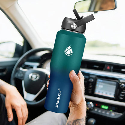 40oz Water Bottle Wide Mouth Stainless Steel Vacuum Insulated Double Wall with 2 Straw Lids Fit in Any Car Cup Holder