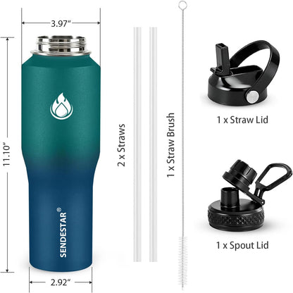 40oz Water Bottle Wide Mouth Stainless Steel Vacuum Insulated Double Wall with 2 Straw Lids Fit in Any Car Cup Holder