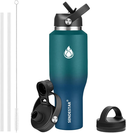 40oz Water Bottle Wide Mouth Stainless Steel Vacuum Insulated Double Wall with 2 Straw Lids Fit in Any Car Cup Holder