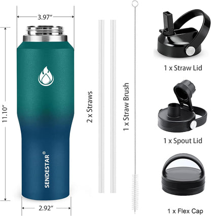 40oz Water Bottle Wide Mouth Stainless Steel Vacuum Insulated Double Wall with 2 Straw Lids Fit in Any Car Cup Holder