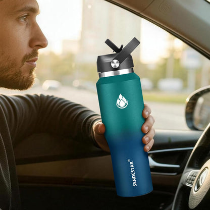 40oz Water Bottle Wide Mouth Stainless Steel Vacuum Insulated Double Wall with 2 Straw Lids Fit in Any Car Cup Holder