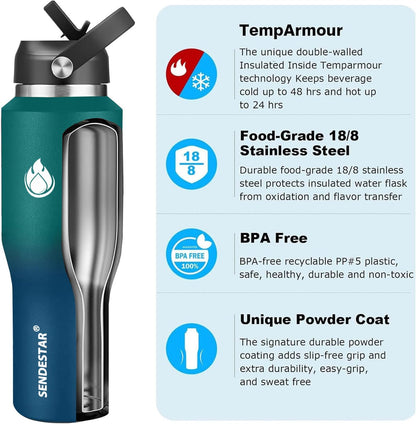 40oz Water Bottle Wide Mouth Stainless Steel Vacuum Insulated Double Wall with 2 Straw Lids Fit in Any Car Cup Holder