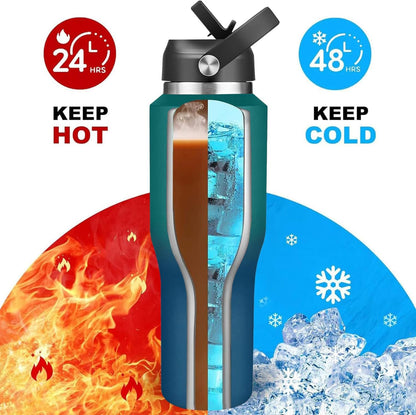 40oz Water Bottle Wide Mouth Stainless Steel Vacuum Insulated Double Wall with 2 Straw Lids Fit in Any Car Cup Holder