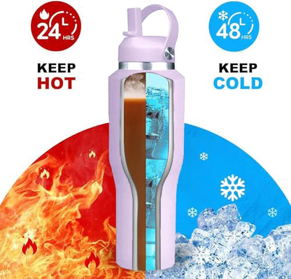 40oz Water Bottle Wide Mouth Stainless Steel Vacuum Insulated Double Wall with 2 Straw Lids Fit in Any Car Cup Holder