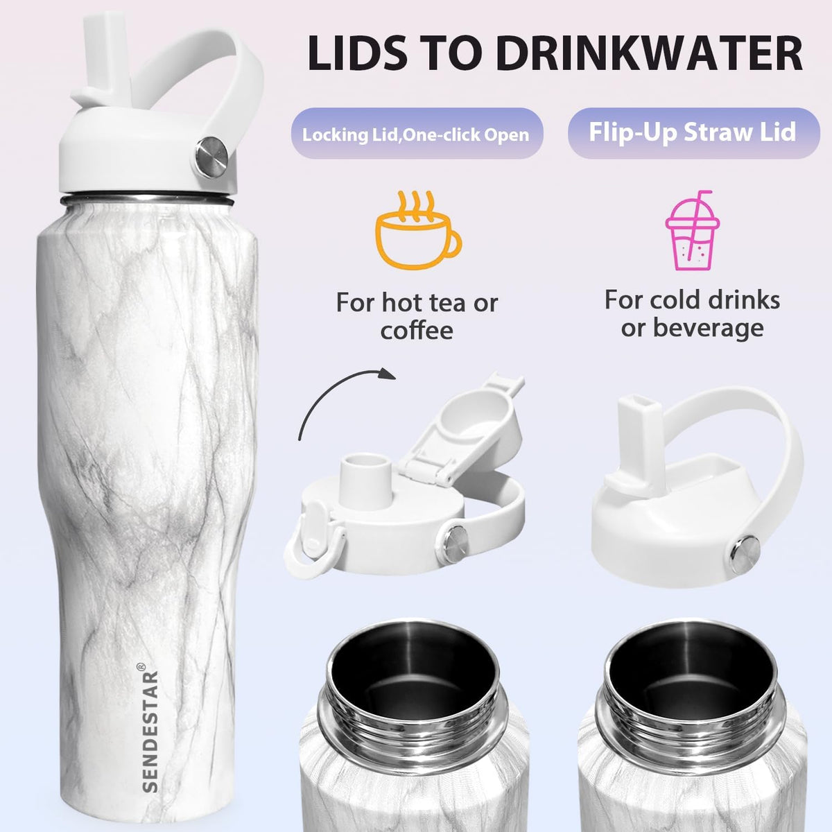 40oz Water Bottle Wide Mouth Stainless Steel Vacuum Insulated Double Wall with 2 Straw Lids Fit in Any Car Cup Holder