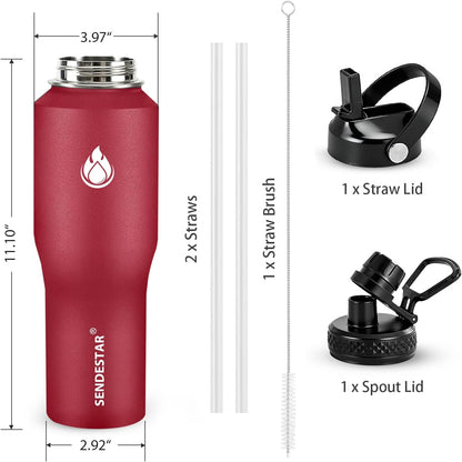 40oz Water Bottle Wide Mouth Stainless Steel Vacuum Insulated Double Wall with 2 Straw Lids Fit in Any Car Cup Holder