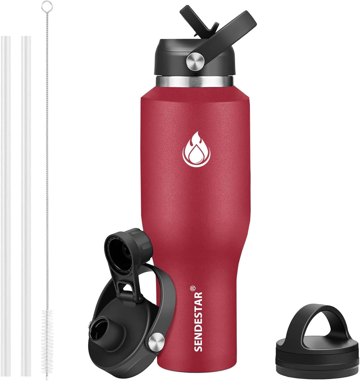 40oz Water Bottle Wide Mouth Stainless Steel Vacuum Insulated Double Wall with 2 Straw Lids Fit in Any Car Cup Holder