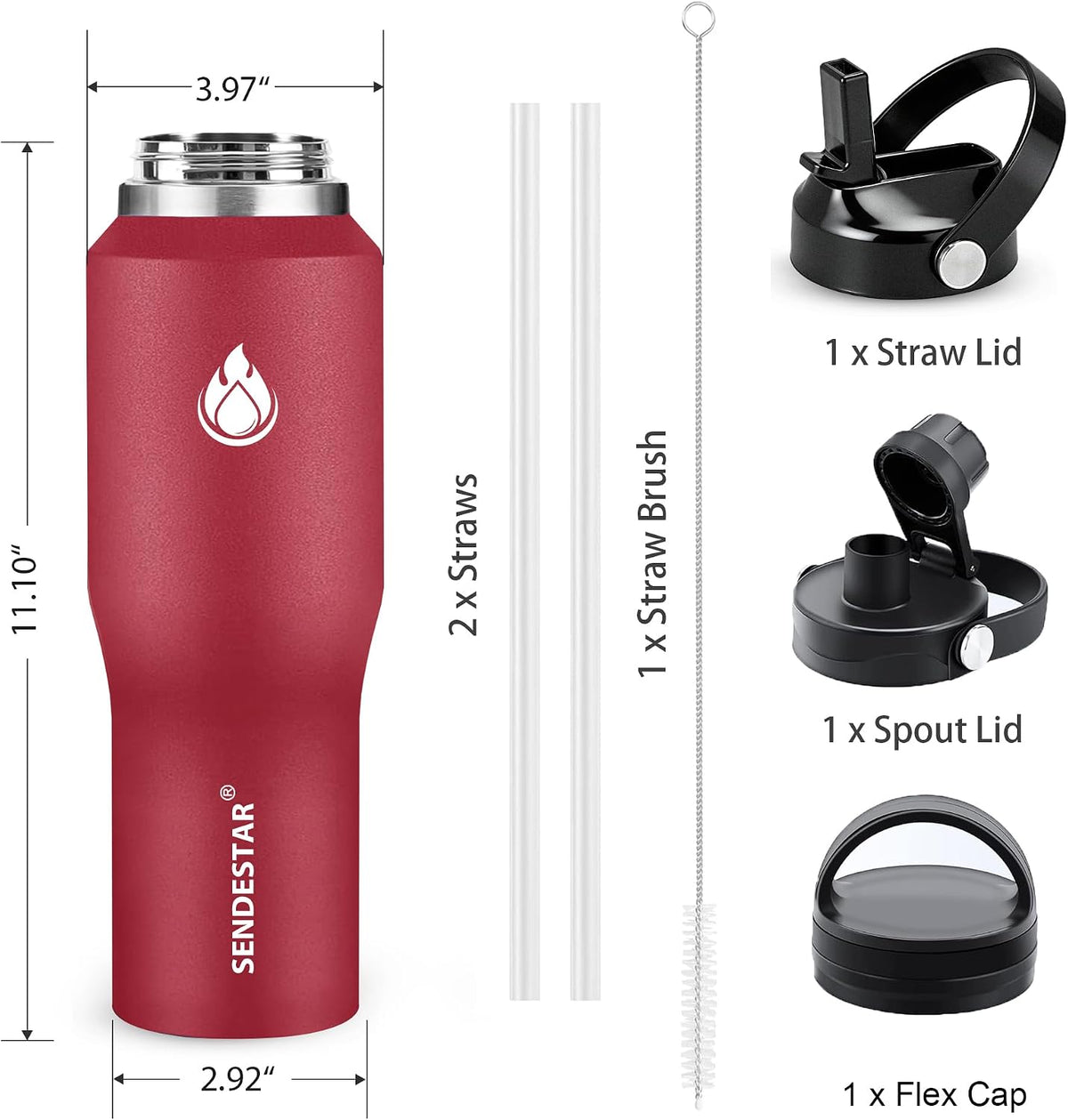 40oz Water Bottle Wide Mouth Stainless Steel Vacuum Insulated Double Wall with 2 Straw Lids Fit in Any Car Cup Holder