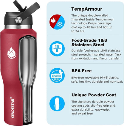 40oz Water Bottle Wide Mouth Stainless Steel Vacuum Insulated Double Wall with 2 Straw Lids Fit in Any Car Cup Holder