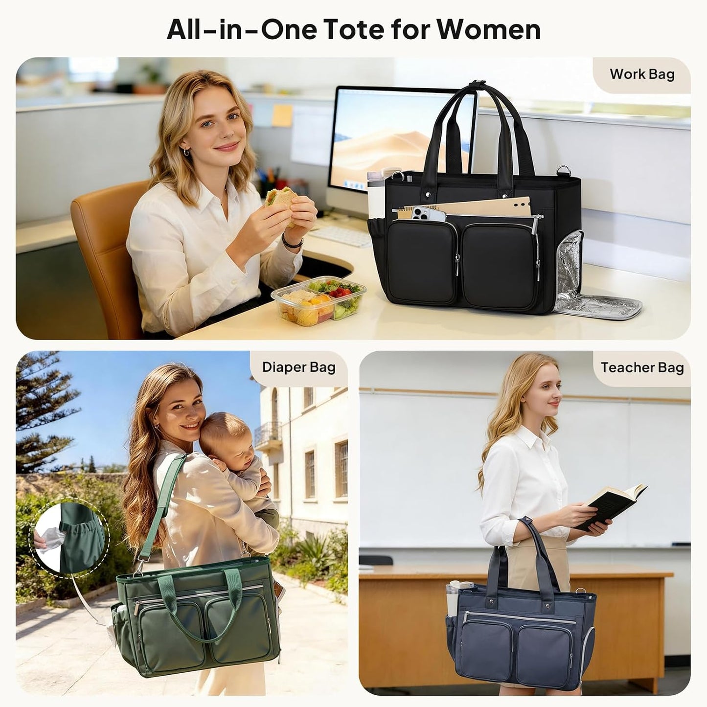 Teacher Tote Bag with Insulated Lunch Compartment 15.6" Laptop Bag