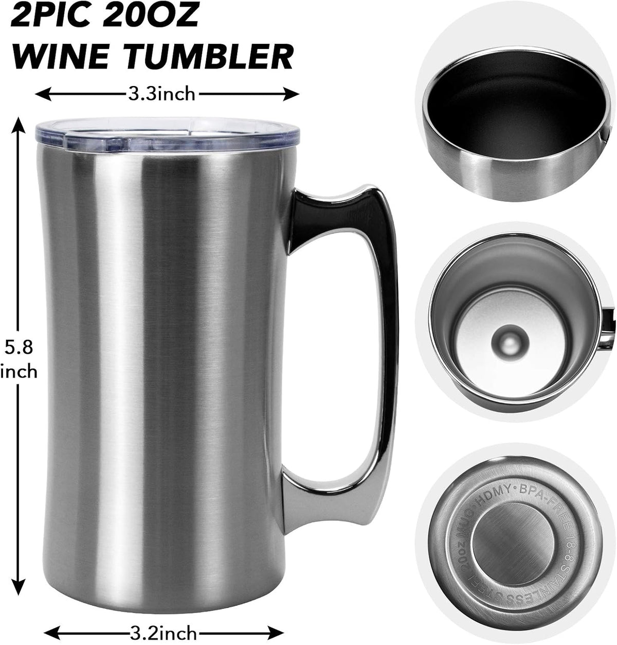 Stainless Steel Double Walled Mugs 20 oz Metal Coffee & Tea &Wine Cup Mug Insulated Cups with Handles Keep Drinks Cold or Hot Longer