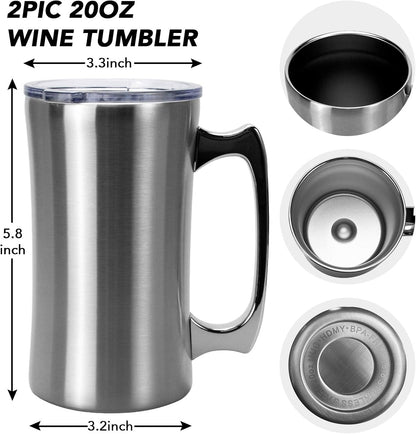 Stainless Steel Double Walled Mugs 20 oz Metal Coffee & Tea &Wine Cup Mug Insulated Cups with Handles Keep Drinks Cold or Hot Longer