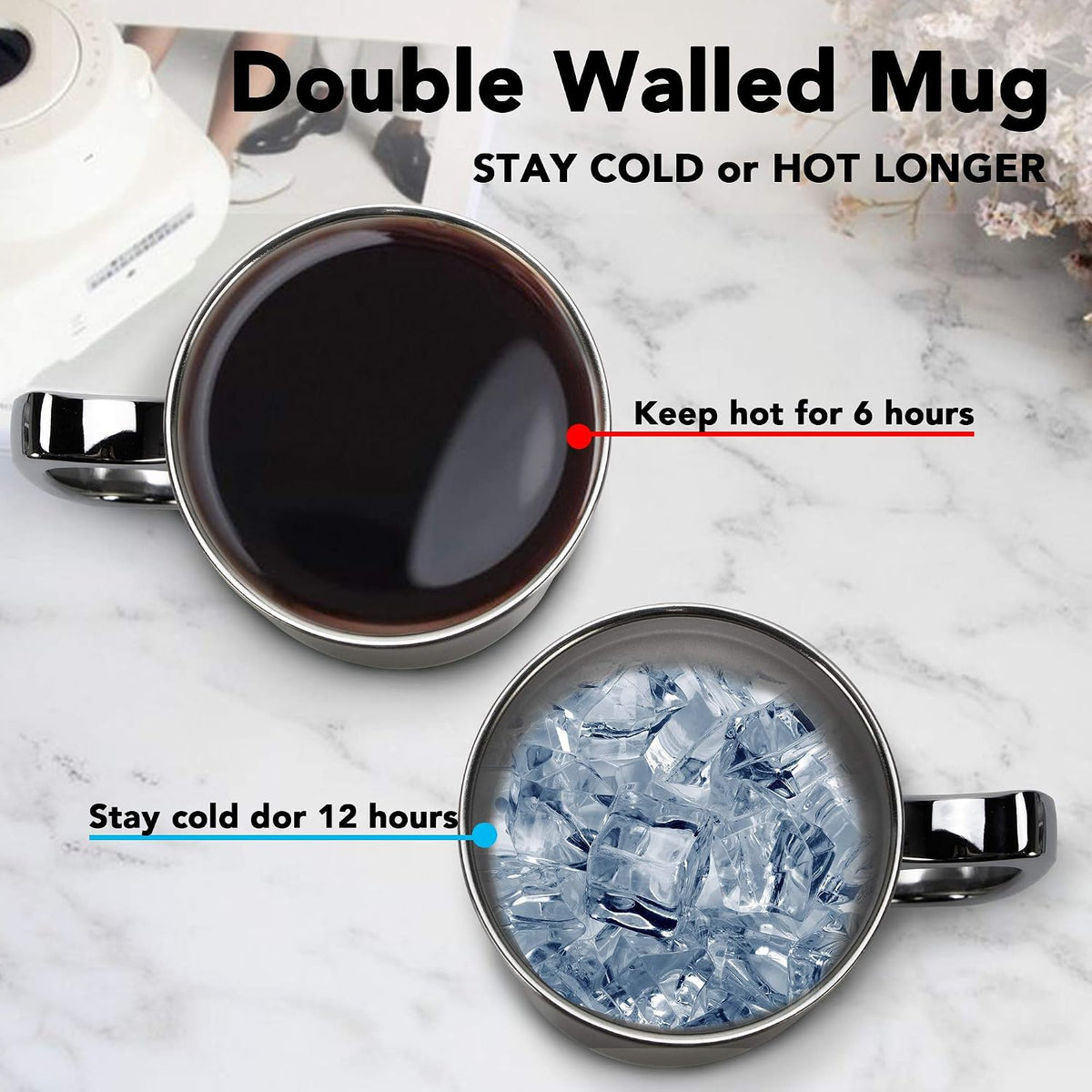 Stainless Steel Double Walled Mugs 20 oz Metal Coffee & Tea &Wine Cup Mug Insulated Cups with Handles Keep Drinks Cold or Hot Longer