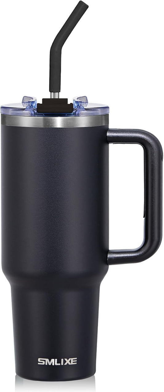 40 oz Tumbler with Handle and Straw Lid,Insulated Reusable Stainless Steel Water Bottle Travel Mug，Cupholder Friendly Double Wall Vacuum Sealed Cup (Black)
