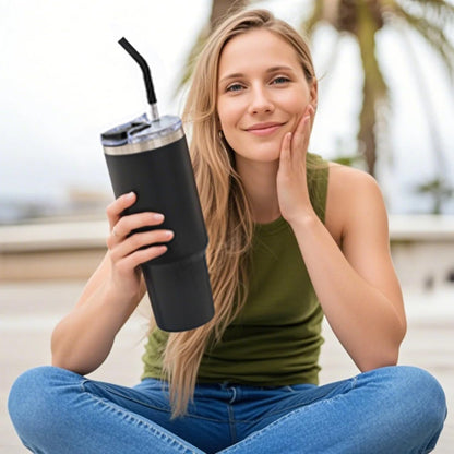 40 oz Tumbler with Handle and Straw Lid,Insulated Reusable Stainless Steel Water Bottle Travel Mug，Cupholder Friendly Double Wall Vacuum Sealed Cup (Black)