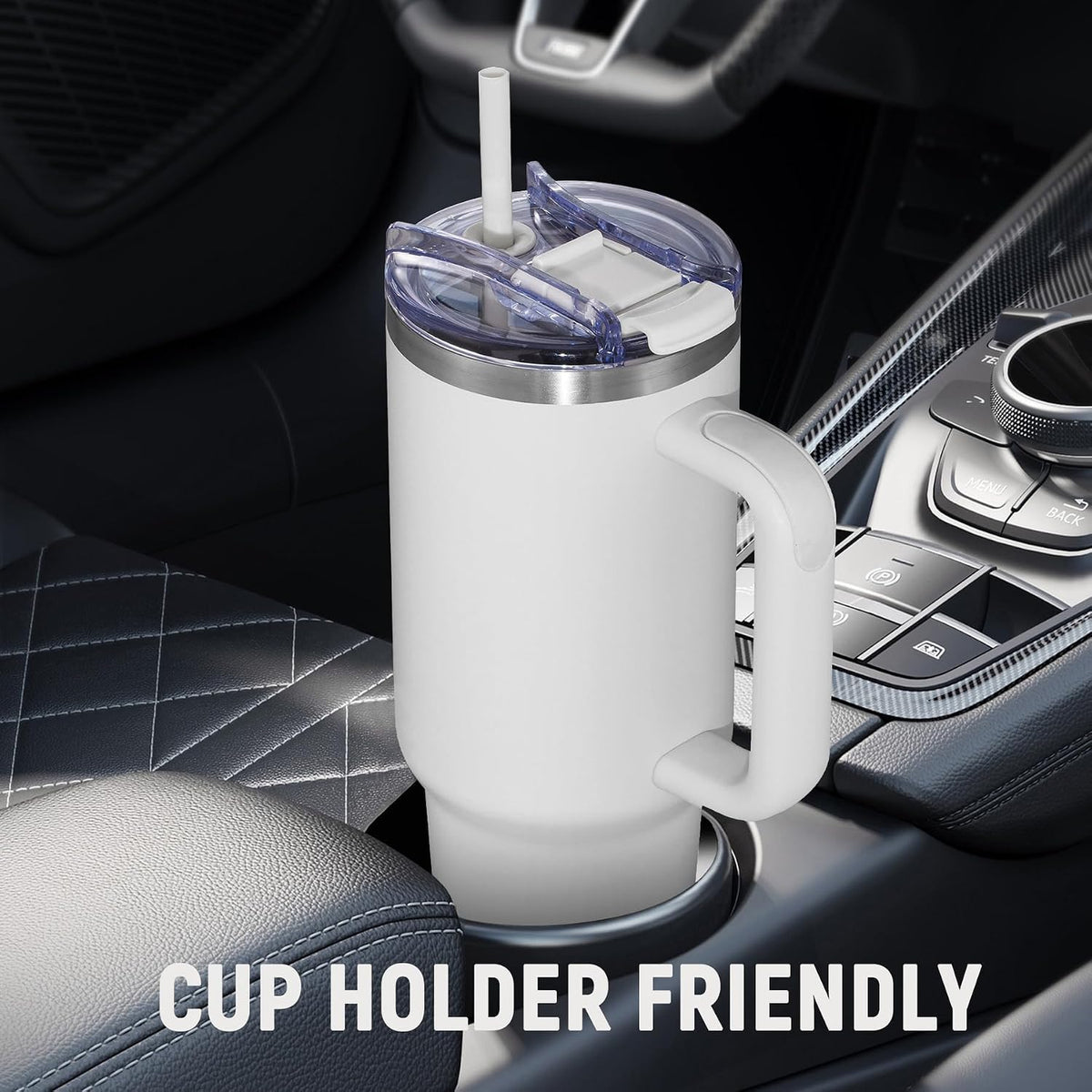 40 oz Tumbler with Handle and Straw Lid,Insulated Reusable Stainless Steel Water Bottle Travel Mug，Cupholder Friendly Double Wall Vacuum Sealed Cup (Black)