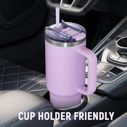 40 oz Tumbler with Handle and Straw Lid,Insulated Reusable Stainless Steel Water Bottle Travel Mug，Cupholder Friendly Double Wall Vacuum Sealed Cup (Black)