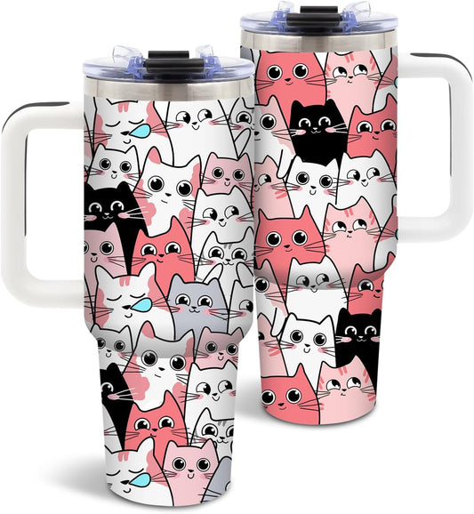 Cat Tumbler 40oz, Insulated Pink Cat Cup Gifts for Women Girls