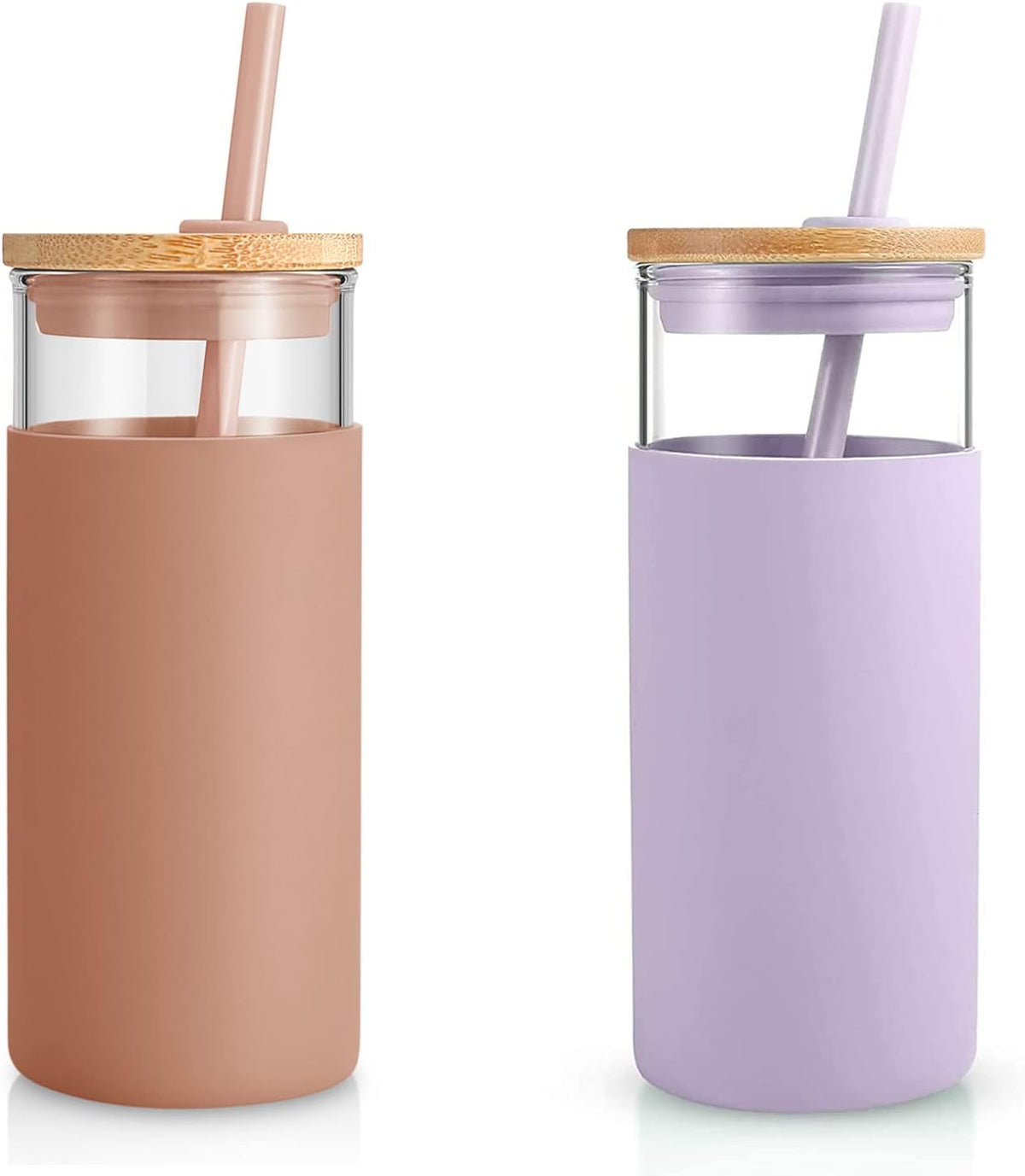 20 oz Glass Tumbler with Lids and Straws, Reusable Iced Coffee Cups | Borosilicate Glass Cups with Bamboo Lid, Silicone Sleeve, Dishwasher Safe, Cup Holder Friendly, BPA-Free, Iced Coffee Tumbler - Colors A